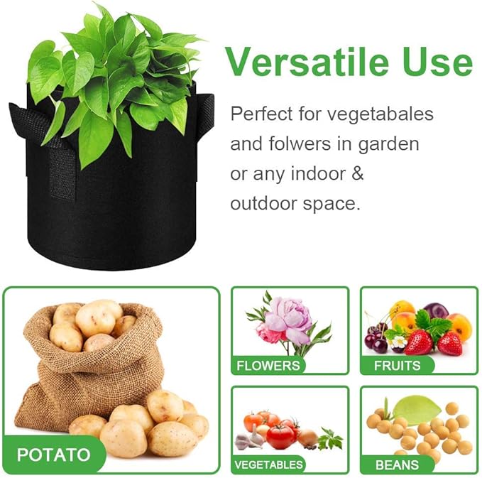 5 Pack 10 Gallon Grow Bags, Heavy Duty Thickened Nonwoven Fabric Pots with Handles, Planter Grow Bags for Vegetables/Flower/Plant/Fruits, Black