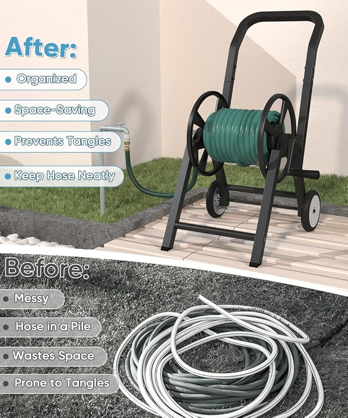 Garden Hose Reel Cart with Wheels, Holds 165 ft of 5/8’’ Hose Outdoor Heavy Duty Powder-coated Steel Water Storage Holder Rack with 3.9 Ft Leader Hose for Outside Lawn Yard, Black