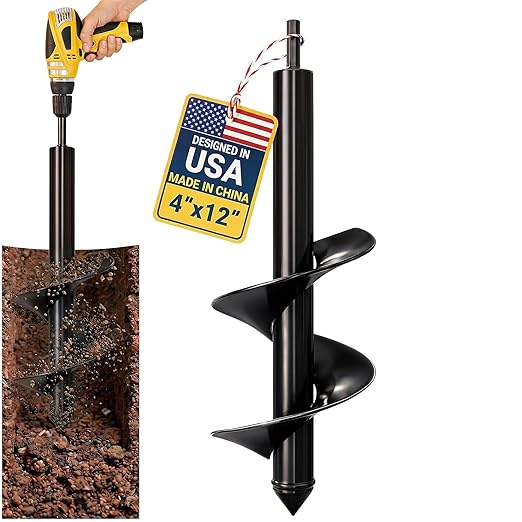Sproot Garden Auger Drill Bit for Planting – 4 x 12 Inch - Umbrellas and Fences Auger Post Hole Digger for Gardening and Spiral Bulb Planter Tool – 3/8 Inch Hex Drive Compatible