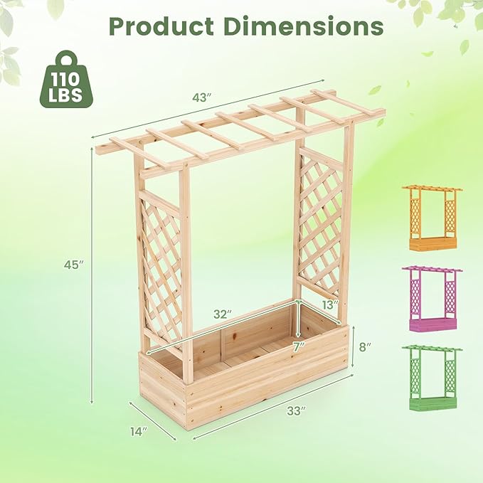 Raised Garden Bed with Trellis, Wood Planter Box w/Trellis, Hanging Roof, Drainage Holes, Freestanding Planter Raised Bed for Outdoor Climbing Plants Flowers, Patio Yard Balcony (1, Natural)