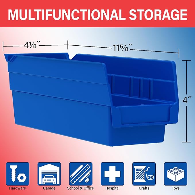 Akro-Mils 30120 Plastic Shelf Bins, Heavy Duty Storage Bins for Garage, Closet, and Drawer Organization, 12" x 4" x 4", Blue, 24-Pack