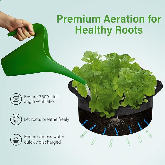 iPower 5-Gallon 10-Pack Grow Bag Thickened Nonwoven Fabric Pots Heavy Duty Aeration Container with Strap Handles for Garden and Planting Vegetable Flowers, Black with Green Stitch Sewing