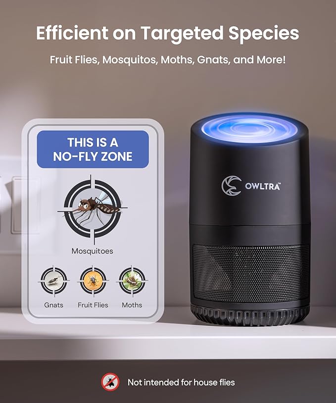 OWLTRA IMT-L70 Indoor Electric Insect Trap, Catcher & Killer Lamp for Fruit Flies, Mosquitos, Moths, Gnats, and More with UV Light Attraction and Fan Suction, Black