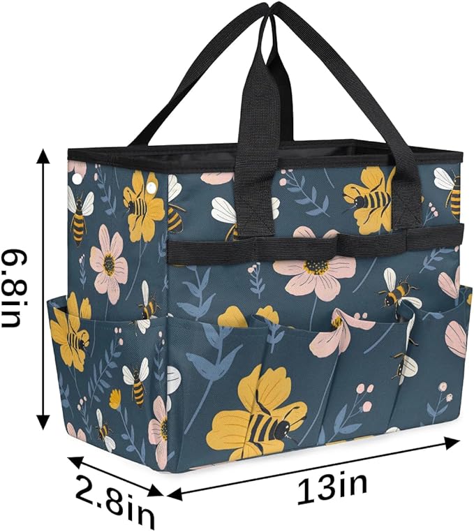 Garden Tote Bag with Pockets Bee Flower Gardening Bags for Tools Organizer Heavy Duty Storage Bag with Handle for Lawn Yard Casual