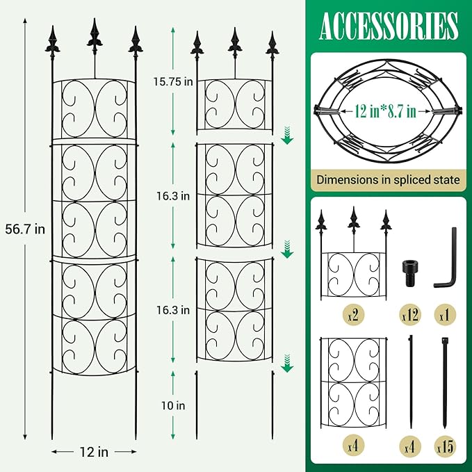 2 Pack 56.7'' H x 12'' W Garden Trellis for Climbing Plants Outdoor, Rustproof Metal Garden Flower Trellis, Rose Trellis for Outdoor Indoor Climbing Plants Clematis Vines Flowers Potted Plants, Tomato