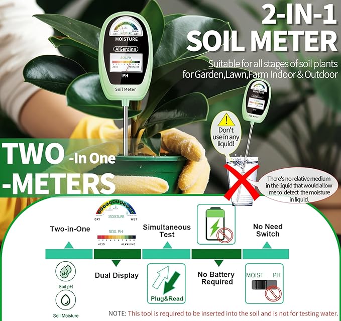Soil Test Kit, 2-in-1 Soil Moisture Meter, Soil pH Meter -Dual Dial-Simultaneously-Display Results-Soil pH Tester, Moisture Meter for House Plants,Garden,Lawn,Farm Indoor&Outdoor-Green