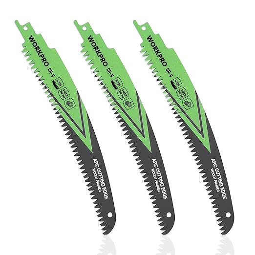 WORKPRO 9" Japanese Teeth Wood Pruning Reciprocating Saw Blades Set, Arc Cutting Edge 6TPI Pruning Saw Blades for Tree Pruning, Wood Cutting, Durable & Sharp, 3 Pack