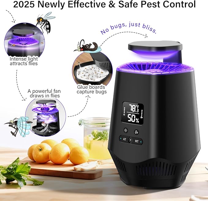 Fruit Fly Traps for Indoors, Smart Fly Trap Indoor Bug Zapper Gnat Traps for House Indoor with Temperature and Humidity Sensor, 10PCS Sticky Boards Black 02