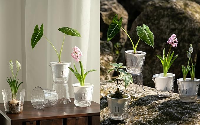 4 Inch Glacier-Textured Self Watering Garden Pots,4 Pack Clear Plastic Planters with Water Filling Spout,Flowerpot with Inner Pot for Indoor Plants,African Violets,Herbs,Succulents (White)