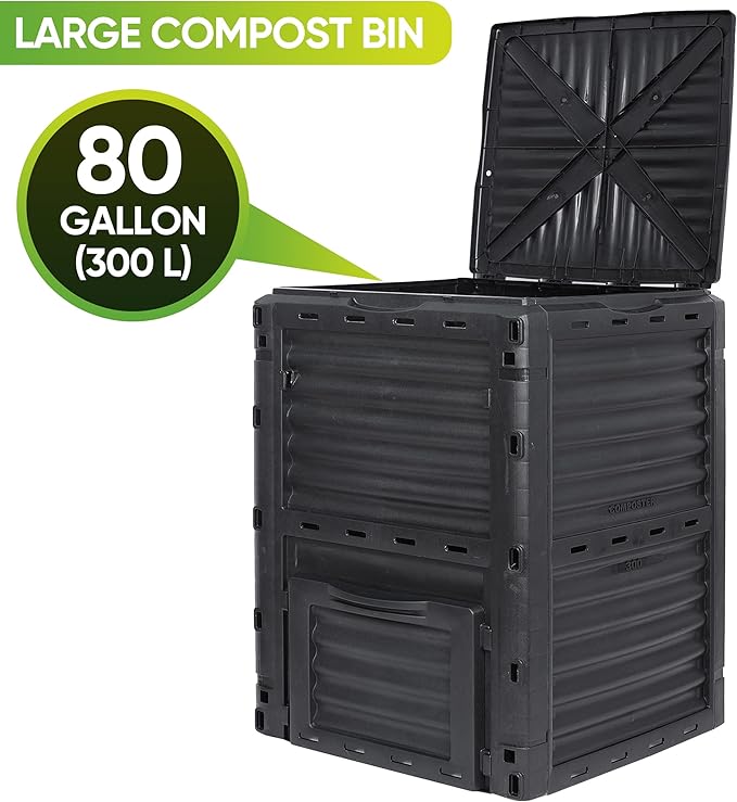JupiterForce Garden Compost Bin 80 Gallon (300 L) from BPA Free Material, Large Composting Bin Outdoor Composter with Gloves, Easy Assembling, Fast Creation of Fertile Soil, Lightweight, Black