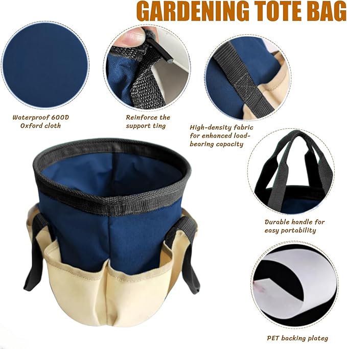 BLIRITEL Garden Tool Organizer, Waterproof Garden Tool Tote Bag with 6 Side Pockets, Outdoor Gardening bucket Bag with Thickened Base and Comfortable Carry Handles (Navy Blue)