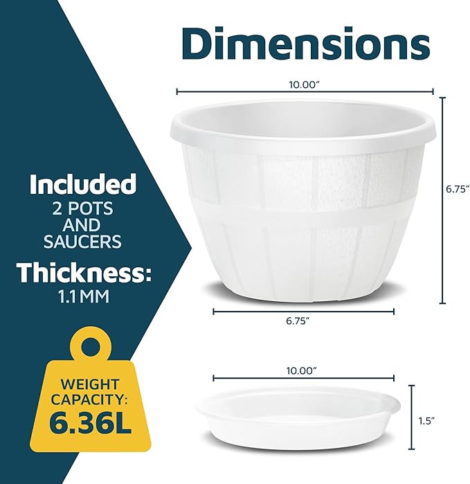 10-Inch Whiskey Barrel Planters Outdoor Pack of 2 - Durable Plastic Plant Pots for Indoor & Outdoor Use with Drainage & Saucer, Lightweight Rustic Barrel Planters for Flowers, Herbs & Small Plants