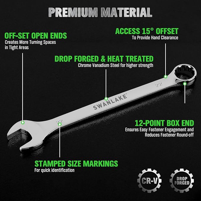 SWANLAKE 30-Piece Combination Wrench Set, Metric & SAE (8-22mm & 1/4” to 1-1/16”),12-Point Open End Standard Wrench Set, Mechanics Wrenches Sets, Chrome Vanadium Steel with Storage Rack