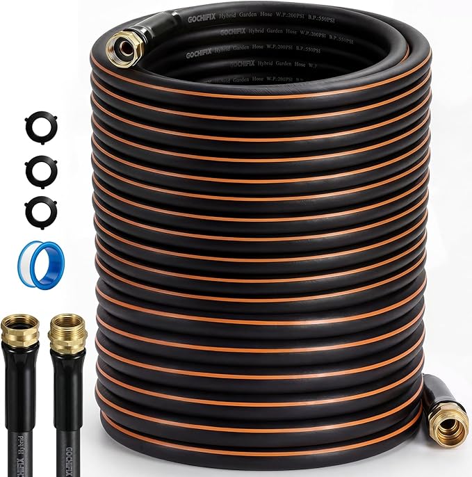 Garden Hose, 75ft 5/8" Heavy Duty Rubber Water Hose, 550 PSI Burst, 360° Anti-Kink Swivel Connectors, All-Weather Flexible, Leakproof 3/4" Brass Male to Female Fittings