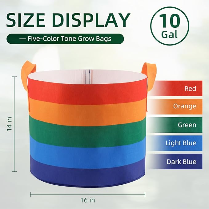 LITLANDSTAR 6 Pack 10 Gallon Grow Bags, Heavy Duty Thickened Colorful Nonwoven Plant Fabric Pots with Handles, Five-Color Tone Garden Plant Bags for Fruits Vegetables Flowers Herb