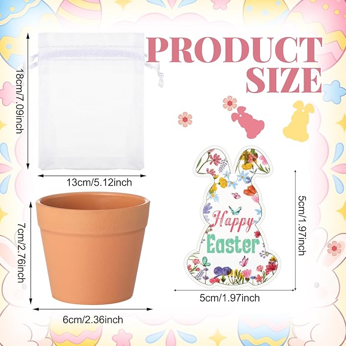 Ctosree 24 Sets Happy Easter Party Favors for Guests Easter Bunny Seed Packets Kit Including Self Adhesive Seed Packets Mini Flowerpots Bunny Tags Organza Bags for Basket Stuffers Gifts