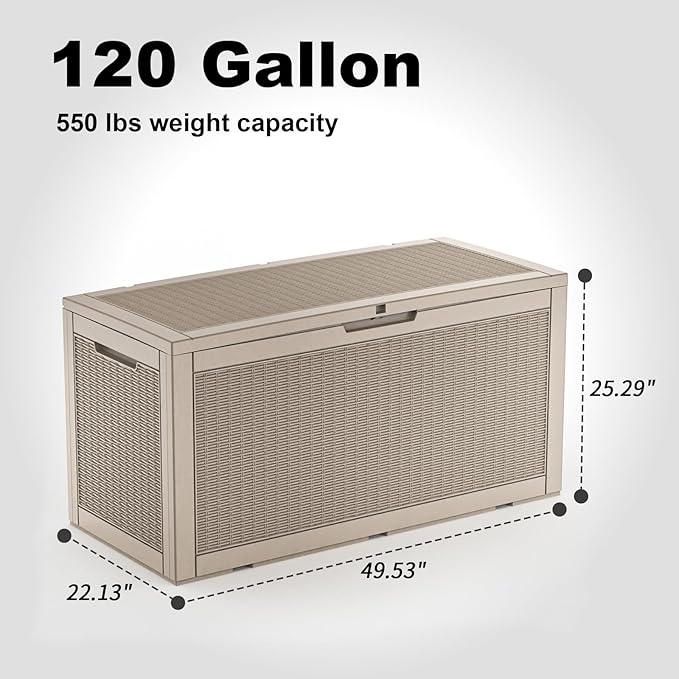 Outdoor Waterproof Resin Storage Deck Box Lockable Outside Bench UV Resistant Bin Patio Porch Furniture Pool Float Garden Tool Cushion (Grey, 120 Gallon)