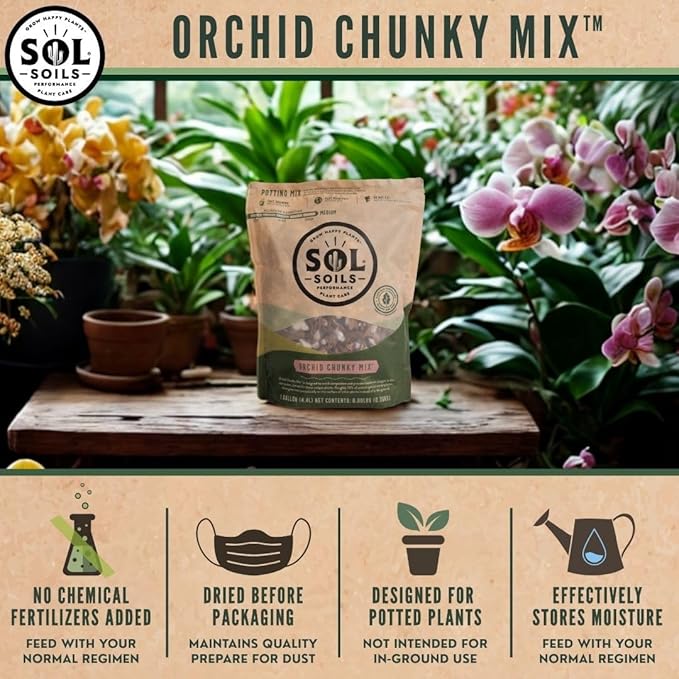 Sol Soils Chunky Orchid Potting Mix - 100% Peat-Free, Lightweight, and Aerated with Coconut Husk, Perlite & Recycled Forest Products for Fast Draining, Healthy Orchids - 1 Quart