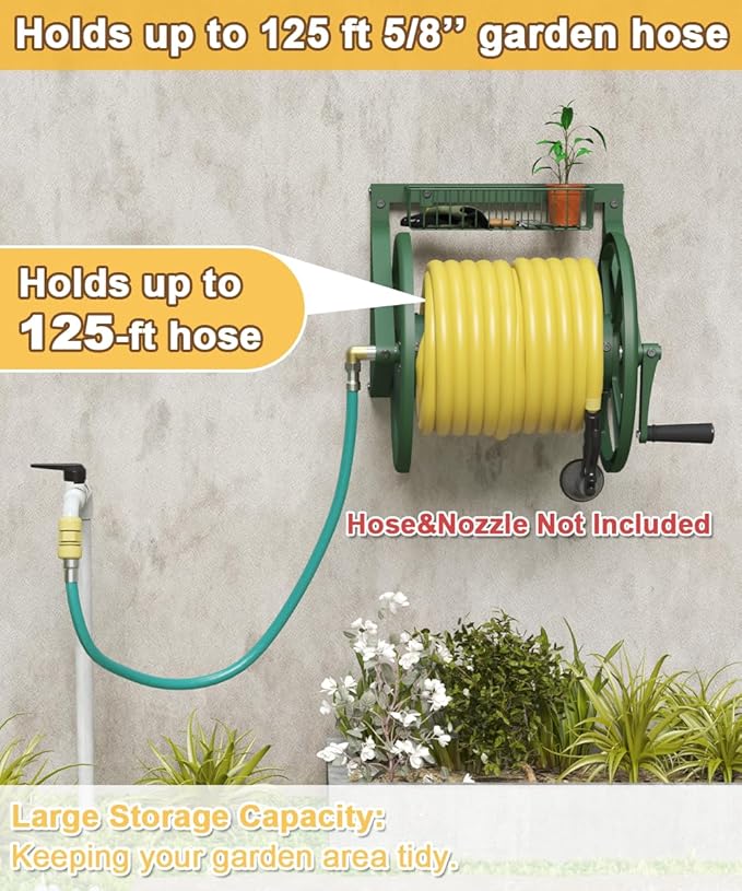 Triangle Wall Mounted Garden Hose Reel, Outdoor Heavy-Duty Water Hoses Holder Winder, Holds 125 Ft of 5/8-Inch Hose, with 3.9 ft Leader Hose, Brass Fitting, Storage Basket for Yard, Green