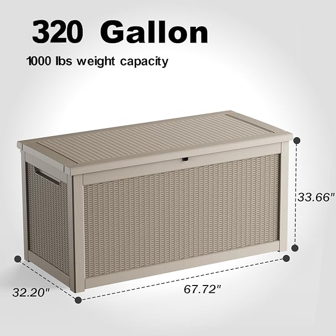 320 Gallon Large Resin Deck Box, Lockable Outdoor Storage Box for Patio Cushions Storage Furniture,Garden Tools, Pool Supplies, Weatherproof and UV Resistant (Grey)