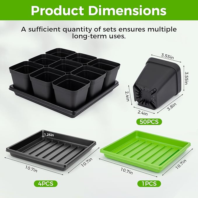 Seed Starter Tray Kit 3.5" Square Nursery Pots Trays 50 Pcs 9 Cell Seed Starting Pots with Drainage Holes 5 Seed Starting Trays 20 Plant Labels, Planting Tools and 1 Pen Planter Nursery Propagation