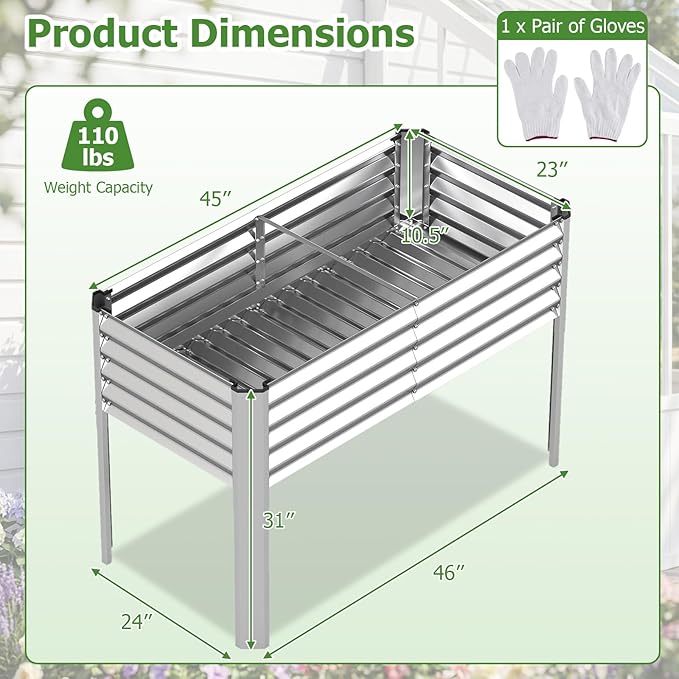 Giantex Galvanized Raised Garden Bed with Legs Set 2, 46"x24"x31" Metal Elevated Planter Box for Gardening Vegetables, Flowers & Fruits, Large Outdoor Planting Box for Garden Backyard & Patio, Silver