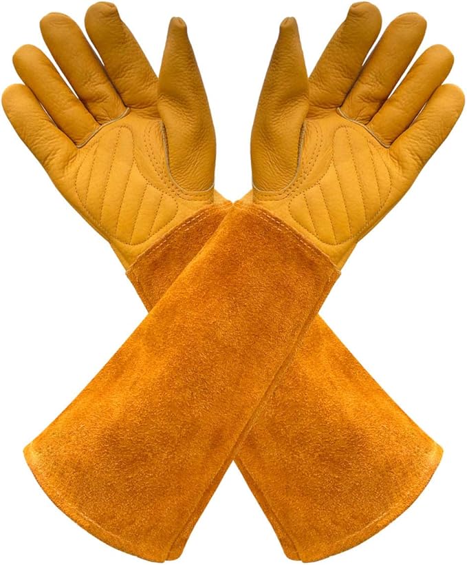 Gardens Leather Gardening Gloves for Women and Men | Thorn and Cut Proof Garden Work Gloves with Long Heavy Duty Gauntlet | Suitable For Thorny Bushes Cacti Rose (X-Small, Yellow)
