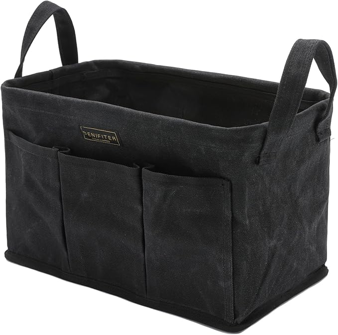 Storage Tool Case, 13.8 x 7.8 x 7.8 Inches, Rectangular Waxed Canvas Fabric Collapsible Tool Bag with Handles for Tools,Wrench Set,Screwdrivers (Black)
