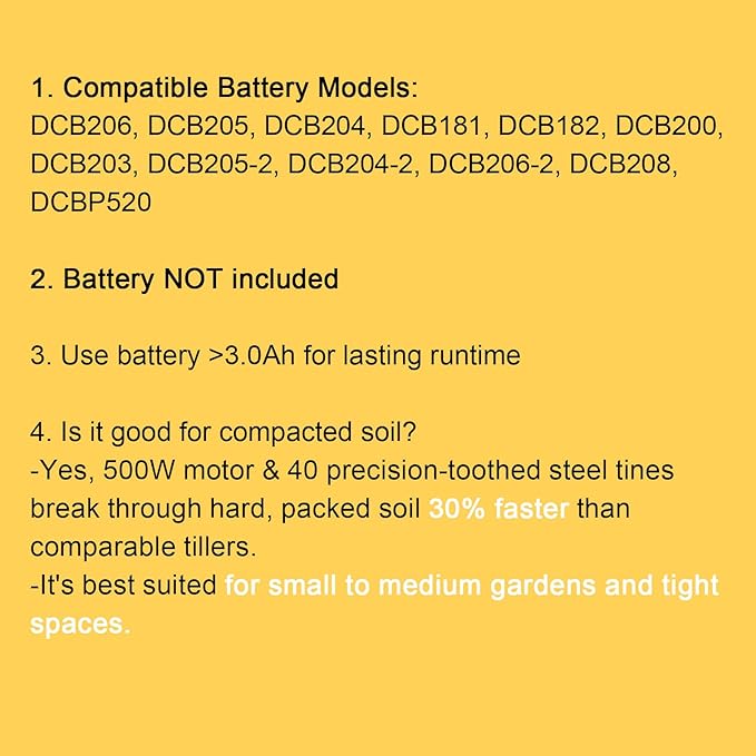 Garden Tools - Cordless Tiller Cultivator Compatible with DEWALT 20V MAX Battery (Tool Only), 310RPM Electric Rototiller with 40 Steel Tines, 9.1In Tilling Width & 6.3In Depth Tiller, Folding Design