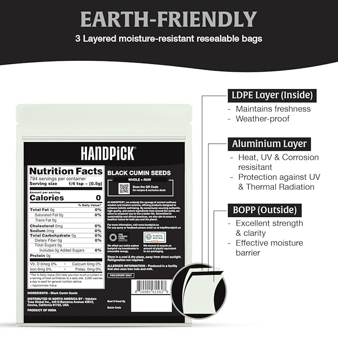 HANDPICK Black Cumin Seed (14oz) Pure Nigella Seeds - No Salt or Preservatives, Non GMO | Indian Black Whole Cumin | Gluten Free, Aromatic & Farm Fresh Kalonji | Resealable Zip Lock Pouch