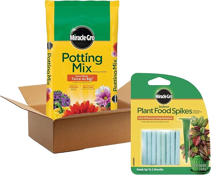Miracle-Gro Potting Mix for Container Plants, Flowers and Vegetables, 2 cu. ft. & 24 Pack Indoor Plant Food Spikes, Continuous Feeding for Houseplants