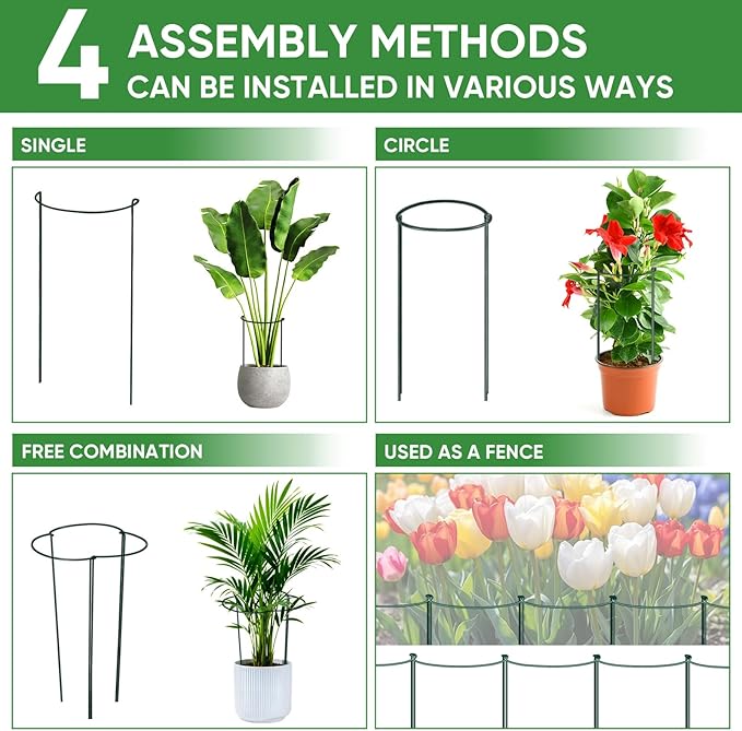 HiGift 10 Pack 24" H x 10" W Tall Plant Support Stakes, Half Round Metal Peony Cages and Supports, Monstera Plant Support Snake Plant Stake Flower Support Ring for Tomato, Hydrangea Outdoor Indoor
