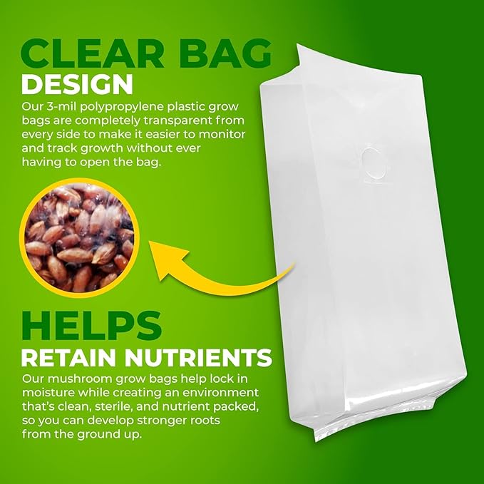 Reinforced Mushroom Grow Bags, 10 Count, Oyster Spawn and Grain Root Substrate Growing Kit with 0.2 Micron Filter, Heavy Duty 3 Mil Polypropylene Plastic