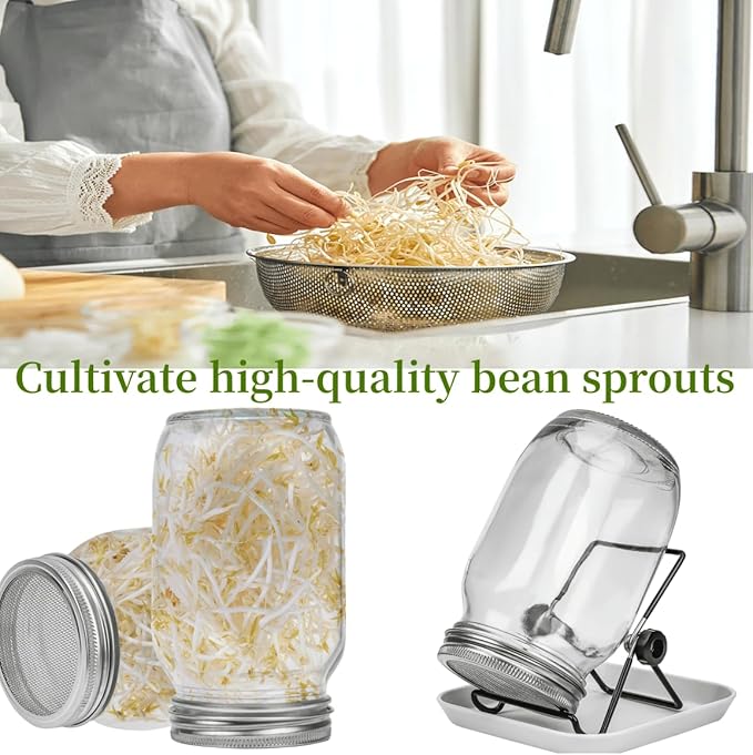 Lulonpon Sprouting Kit, One Pieces Seed Sprouting Jar Kit, Wide Mouth Quart Mason Jars with 304 Stainless Steel Screen Sprout Lids,86mm Caliber with Tray,Stand,Shading Bag and Brush,for Bean Sprouts