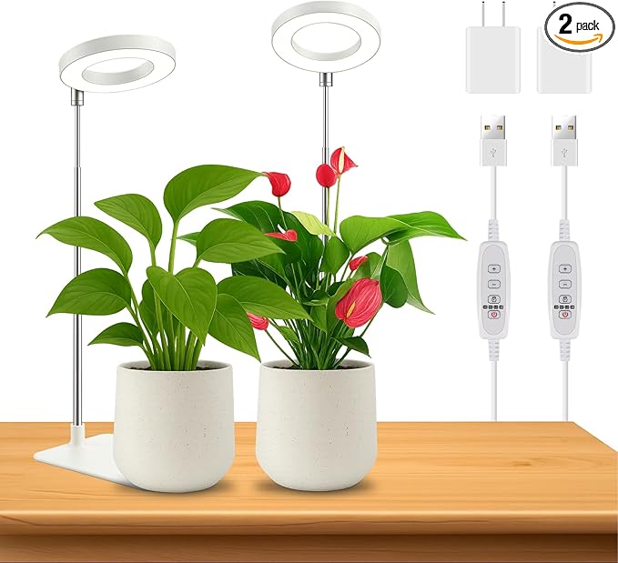 Dual-Use Ring Grow Light for Plants, Full Spectrum LED Plant Light with 4/8/12/18H Auto Timer, 5-Level Dimmable, Adjustable Height 7-17.6 Inches for Indoor Plants, Succulents, Greenhouse 2 Pack