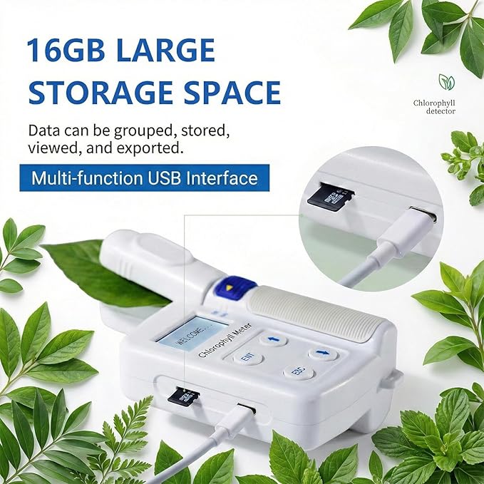 Chlorophyll Meter - Plant Nutrient Analyzer, 3-in-1 Non-Destructive SPAD Tester with Nitrogen & Leaf Temperature Sensor, 16GB Data Storage for Precision Agriculture