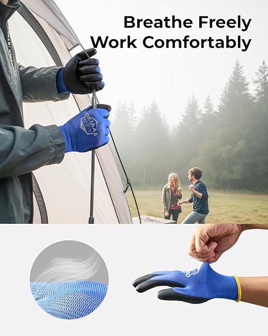 OKIAAS Work Gloves for Men - Ultra Thin and Lightweight With Grip, 12 Pairs Bulk Pack Construction With Polyurethane Coating, Safety for Light Duty Work (Green, Small)