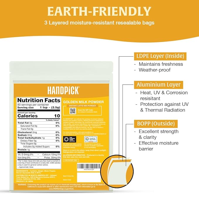 HANDPICK Golden Milk Powder with Turmeric - (7oz, 80 servings) Instant Latte Mix | Blend of Ginger, Black Pepper and Curcumin