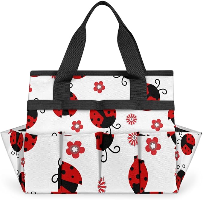 Ladybug Gardening Tool Bag,Heavy Duty Garden Tote Bag,Portable Oxford Flower Gardening Storage Basket Organizer Handbag with Pockets Handle,Hand Tools Gifts for Outdoor Garden Lawn Yard