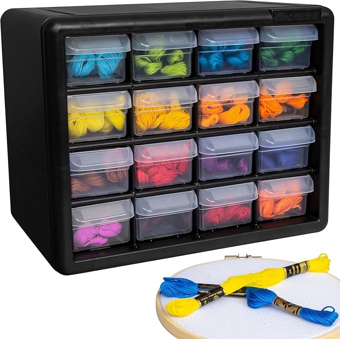 Akro-Mils 16-Drawer Plastic Cabinet for Garage Organization, Beads, Makeup Organizer, Building Bricks Storage, Teacher Toolbox, 10-1/2" W x 6-1/2" D x 8-1/2" H, 10716 Black (Pack of 4)