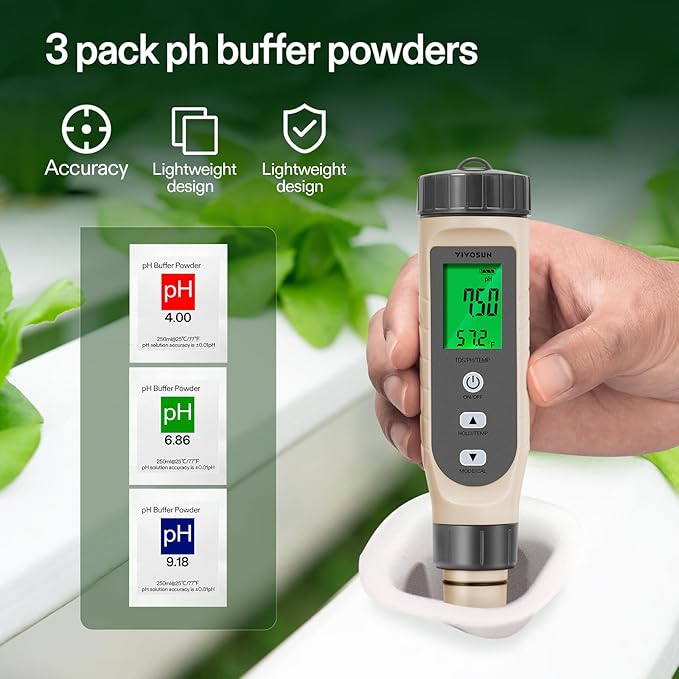 VIVOSUN 3-in-1 Digital pH Meter with ATC, ±0.1 pH Accuracy Water Quality Tester, 0-14.0 pH Measurement Range for Hydroponics, Household Drinking, Pool and Aquarium