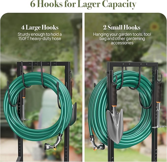 Winpull Garden Hose Holder, Metal Freestanding Hose Stand with 4 Spikes, Holds up to 150FT Hose, Sturdy Hose Reel Alternative, Heavy Duty Hose Storage for Outside Yard Lawn