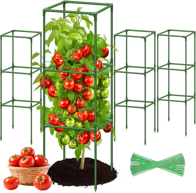 Riare 4 Pack Square Tomato Cages for Garden Plant Support- 45 Inch Heavy Duty Tomato Cage Garden Stakes Tomato Trellis for Climbing Plants Vegetables Flowers Outdoor Indoor