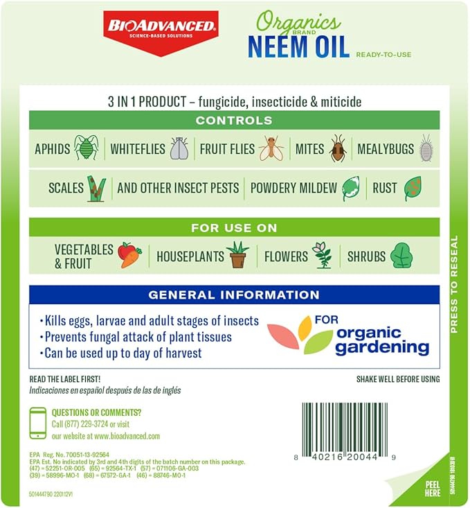 BioAdvanced Organics Brand Neem Oil, Ready-to-Use, 1 Gal