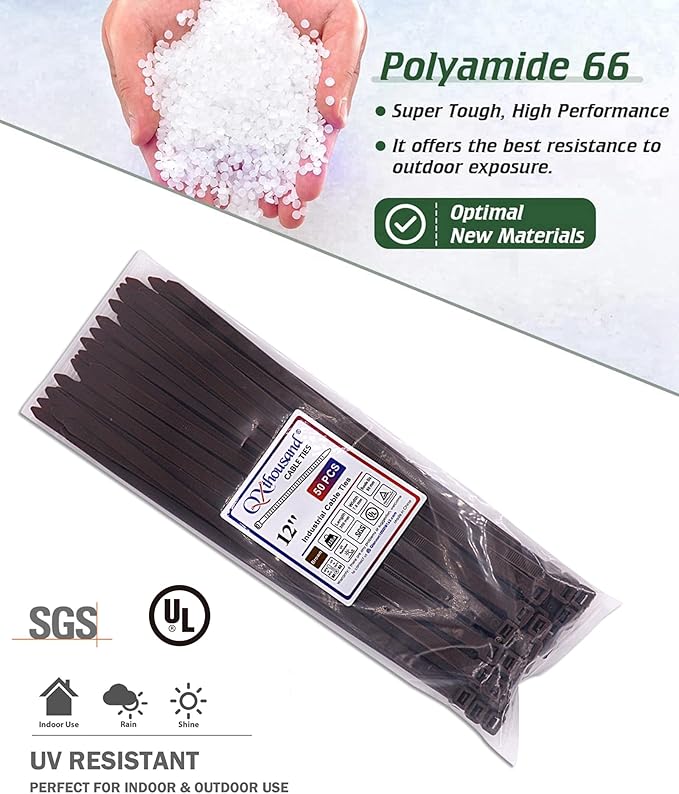 Cable Ties 12 Inch, Brown Zip Ties 50 Pieces, Thick 0.30 inch 120 Pounds Strength, Heavy Duty Outdoor Plastic Ties，Indoor Plants, DIY Projects，Garden, Home， Patio