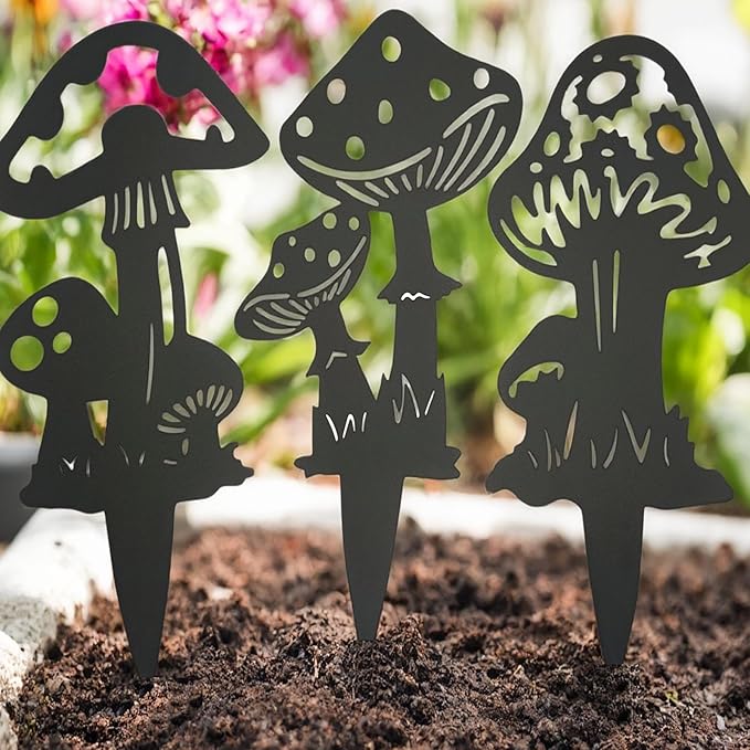 Decorative Mushroom Garden Stakes, Black Garden Mushroom Tale Mushroom Garden Stakes Metal Silhouette Art Gift for Christmas, Thanksgiving Day and Mother (9Pack A)