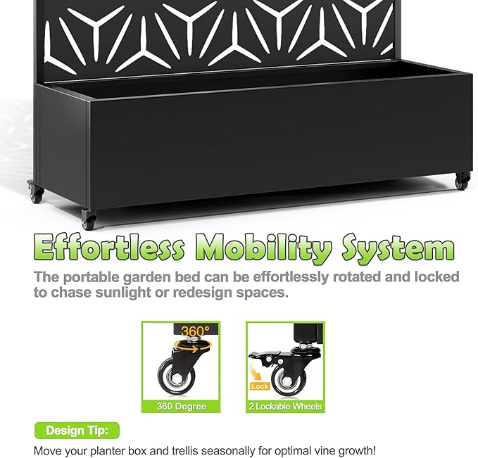 15.7"×70.9"×47.2" Metal Raised Garden Bed with Trellis and Wheels - Tall Trellis Planter Box for Climbing Plants, Vegetables & Vines - Outdoor Privacy Planters for Patio (Black-Star)