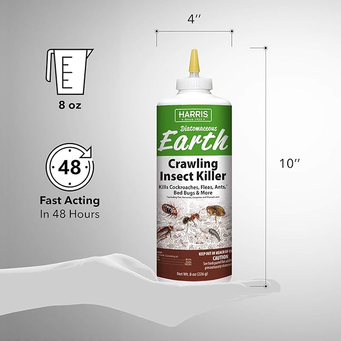 Harris 8 oz Diatomaceous Earth Crawling Insect Killer — 100% Natural Dust for Ants, Roaches, Bed Bugs, Fleas — Indoor & Outdoor Use