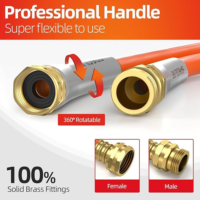 SPECILITE Garden Water Hose 150 ft x 3/4 in Heavy Duty, Flexible and Lightweight, Burst 600 psi, Kink-less Hybrid Rubber Pipe for Backyard, 3/4'' Brass Fittings, Orange
