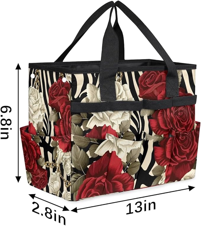 Garden Tool Bag Organizer Garden Tote Bag with Pockets Rose Zebra Pattern Tool Storage Organizer Gardening Tool Kit Holder 13" x 6.8" x 2.8"